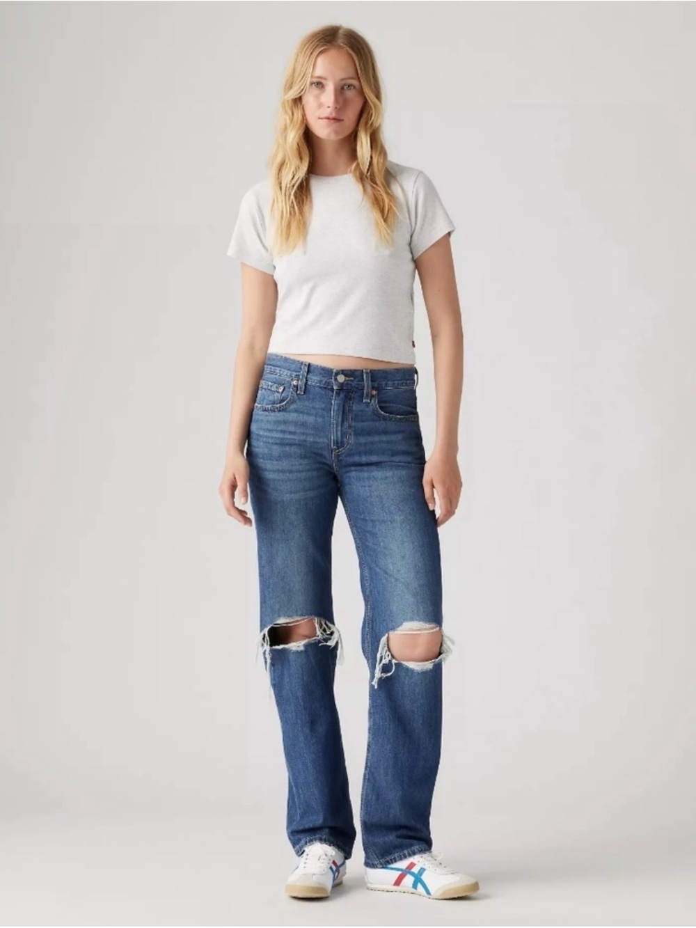 Levi's Women's Distressed Dark Blue Low Pro Straight-Leg Jeans Size 28